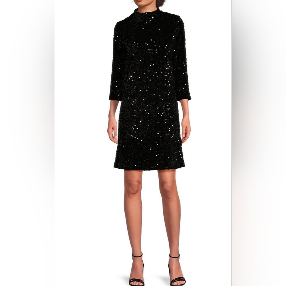 NWT J. McLaughlin Leeza Sequin Velour Mock Neck 3/4 Sleeve Dress: Black: Large